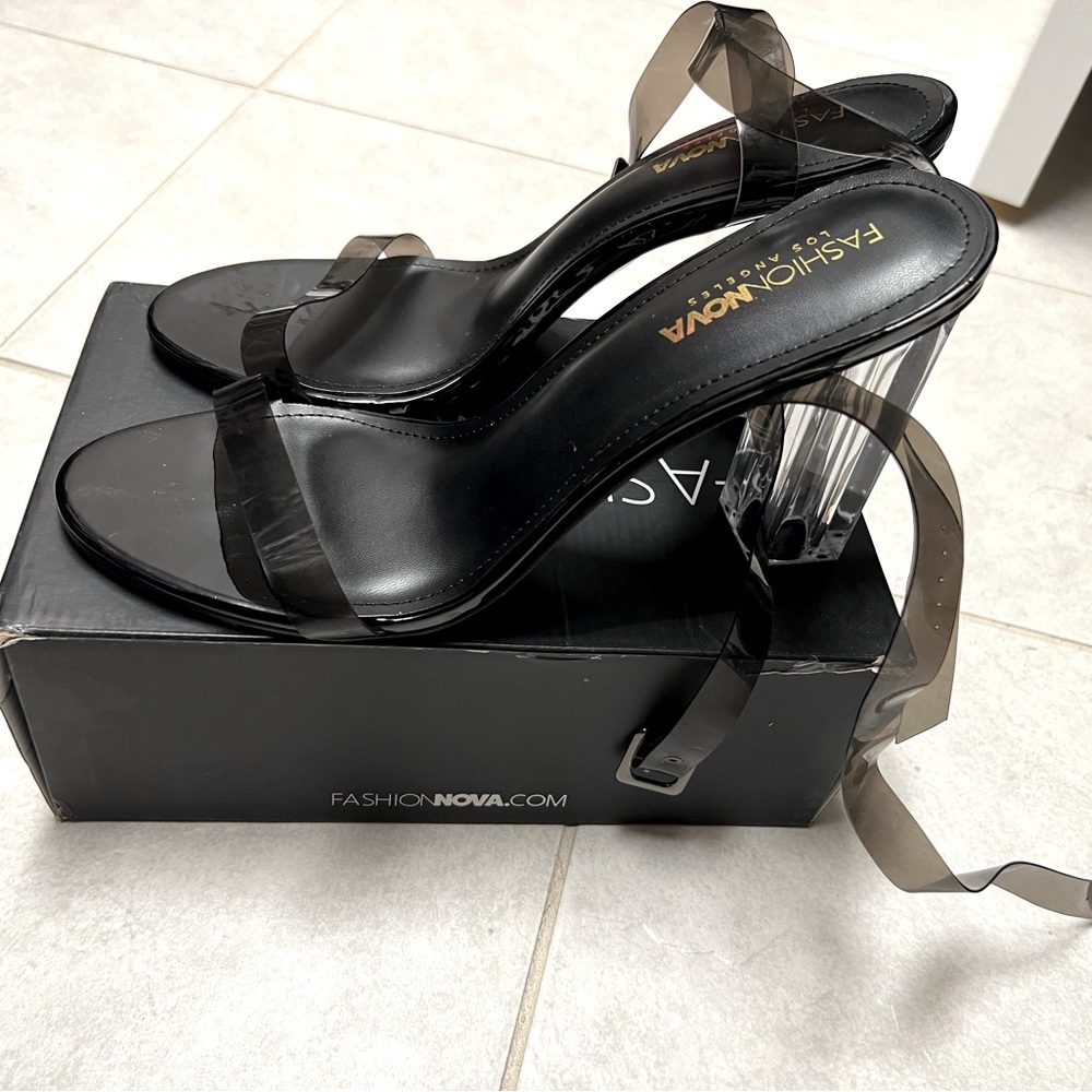 Fashion Nova black with clear strap and heel size 11